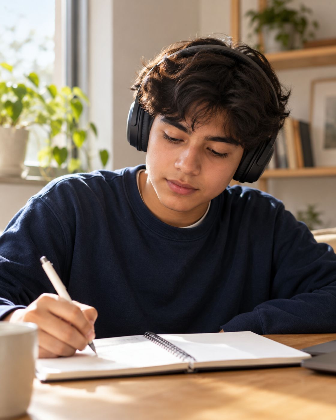 Adolescente escribiendo con audífonos