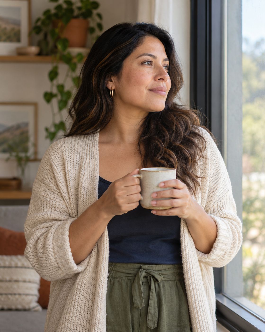 Mujer tranquila con una taza de café junto a la ventana