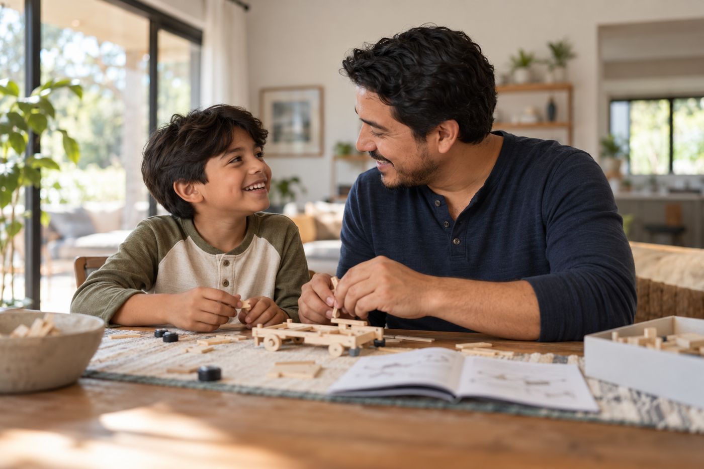 Papá e hijo armando un juguete de madera
